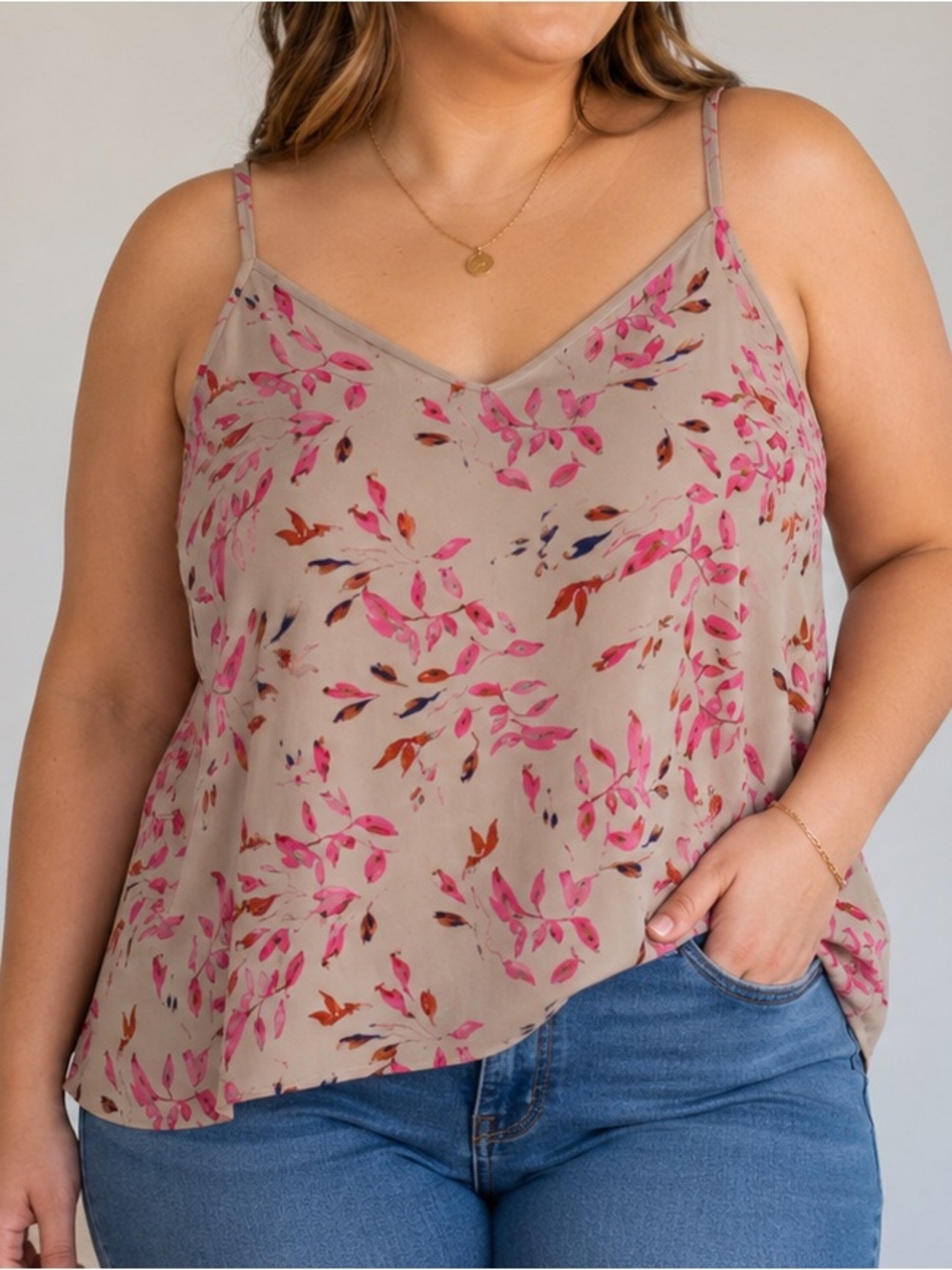 Torrid Cream Beige Cami Tank with Pink Floral Motif SZ 1